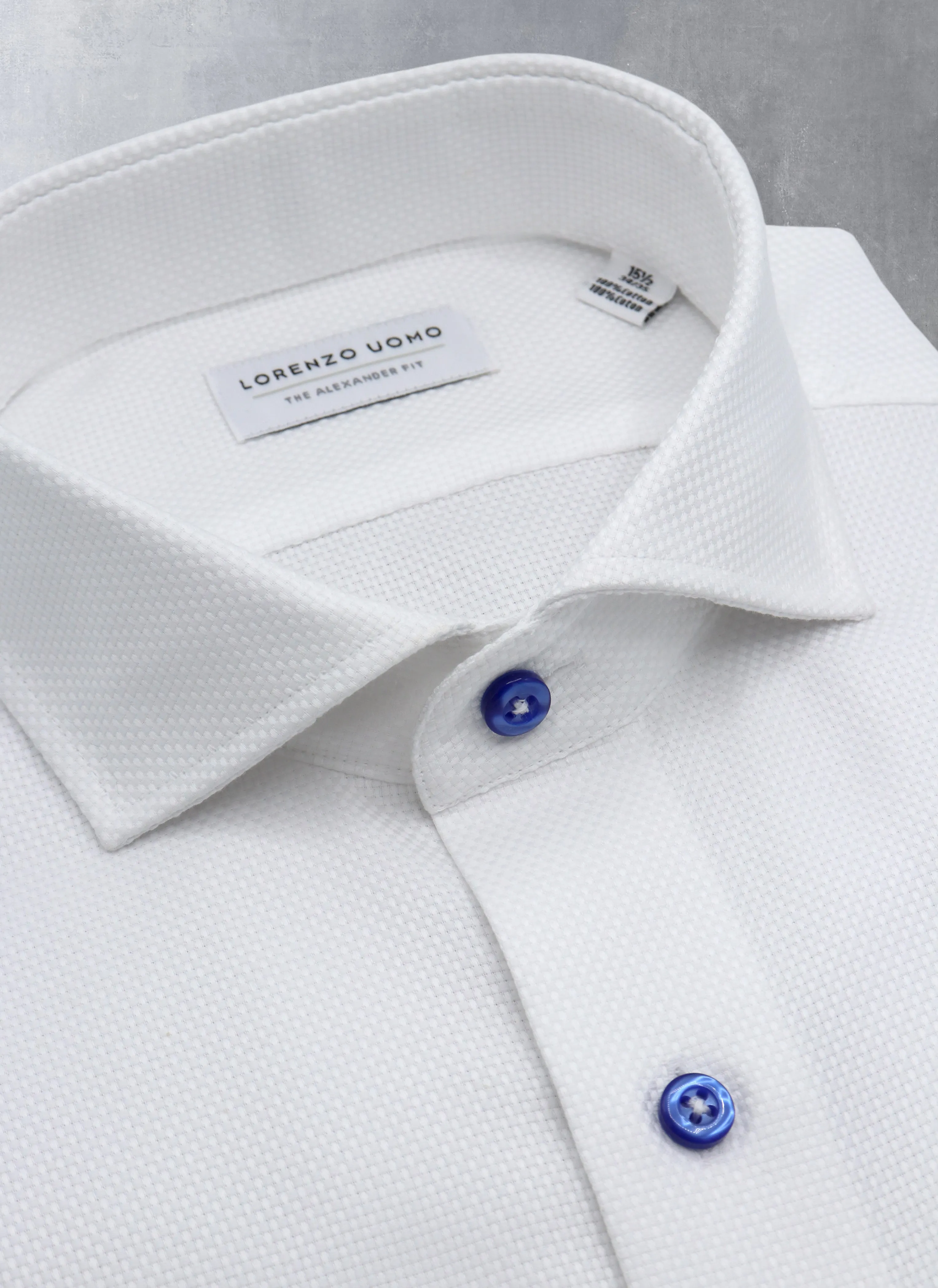 Alexander in White Solid Textured with Contrast Navy Buttons Shirt