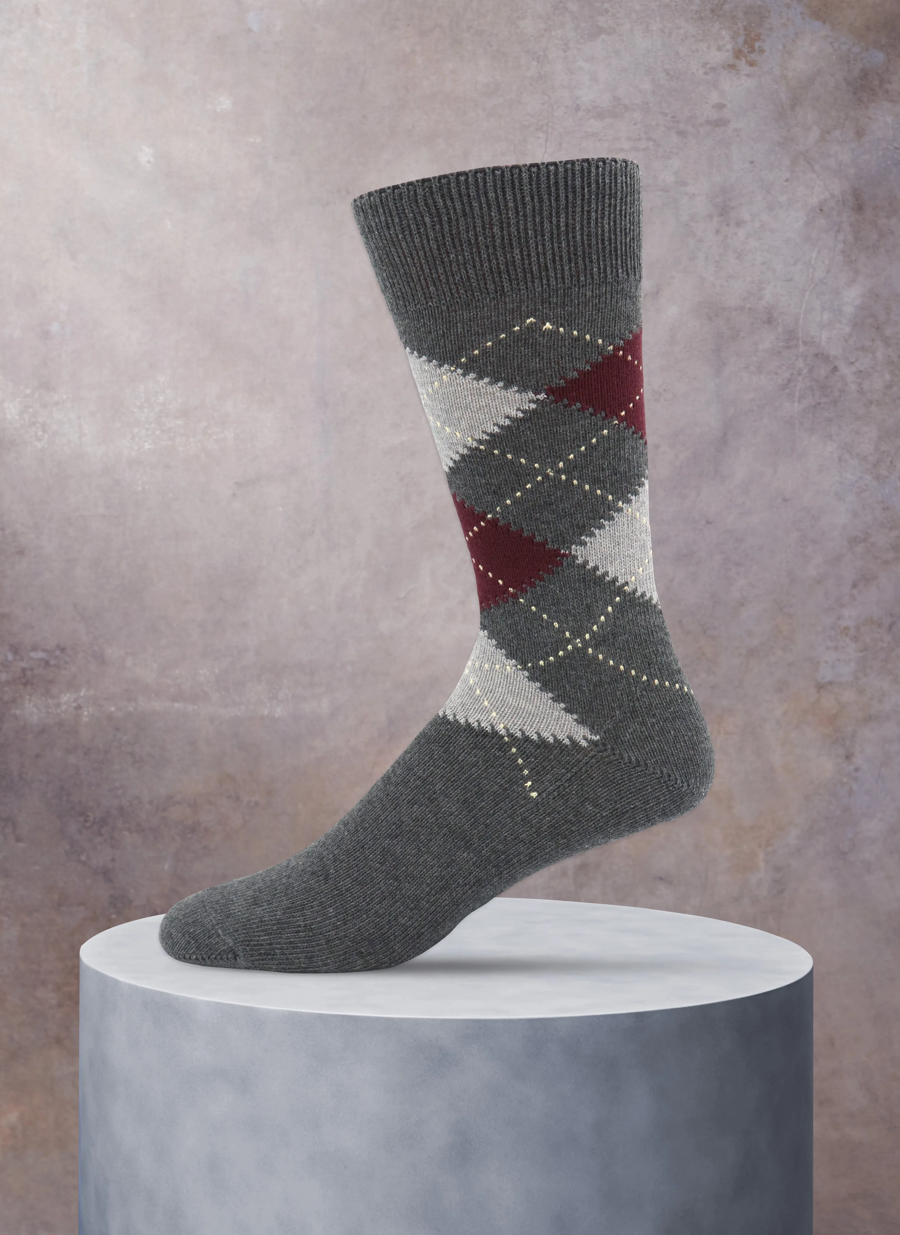 Argyle Cotton Sock in Charcoal with Light Grey and Burgundy