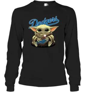 Baby Yoda Hugs Loves The Los Angeles Dodgers Baseball Adult Long Sleeve T-Shirt