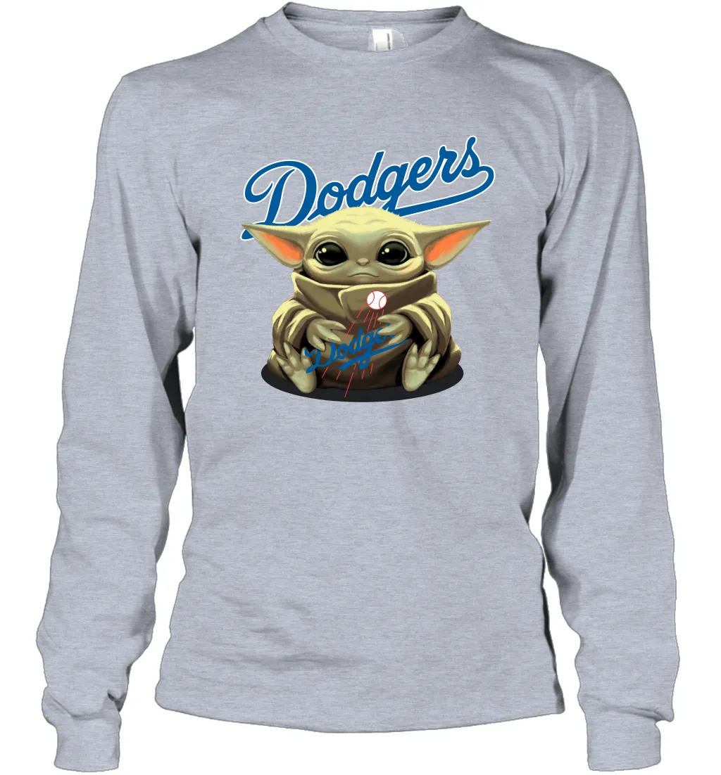 Baby Yoda Hugs Loves The Los Angeles Dodgers Baseball Adult Long Sleeve T-Shirt