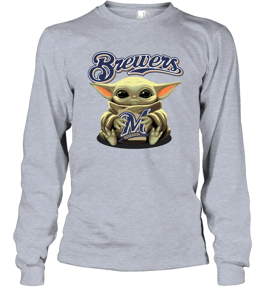 Baby Yoda Hugs Loves The Milwaukee Brewers Baseball Adult Long Sleeve T-Shirt