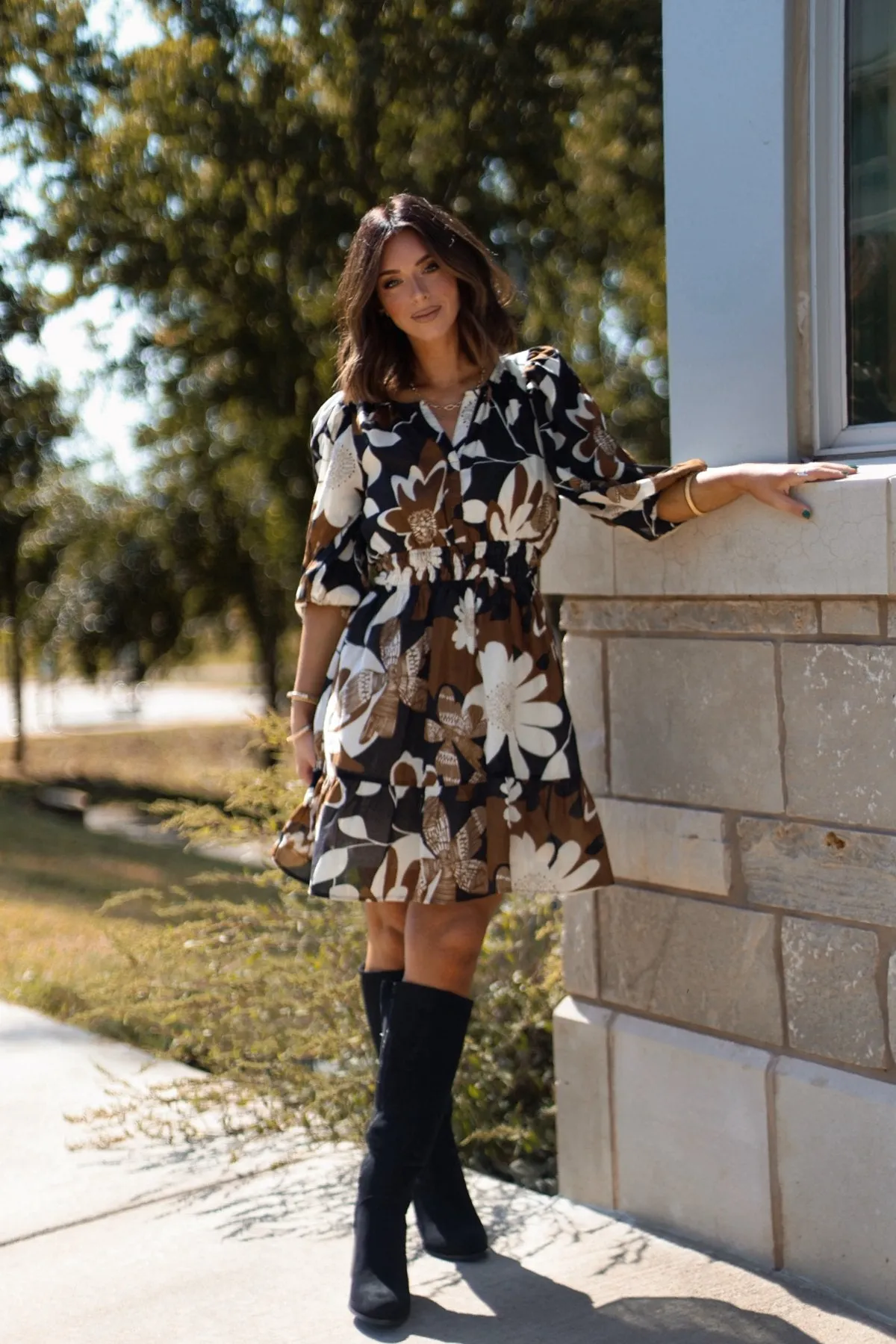 Brown Print Smocked Mini Dress - FINAL SALE