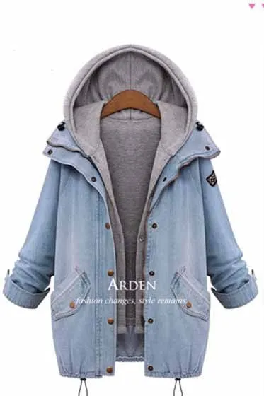 Casual Hooded Vest Two Piece Trench Button Up Denim Windbreaker