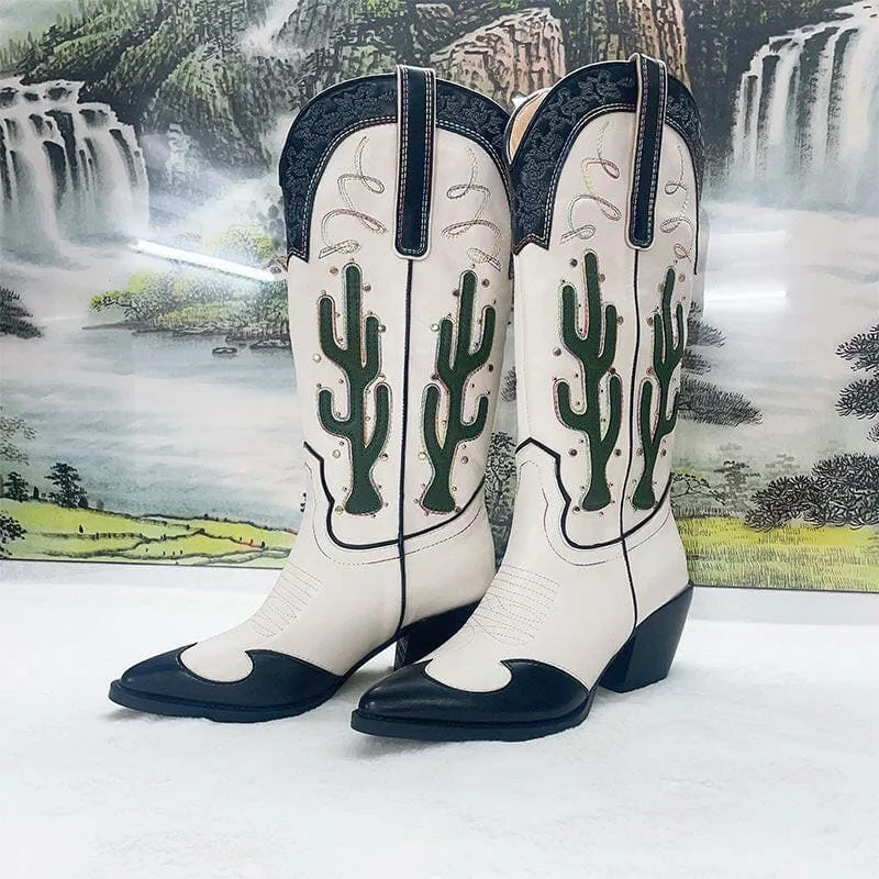 Chic Mid Calf Cowgirl Boots with Cactus Motif and Chunky Heels