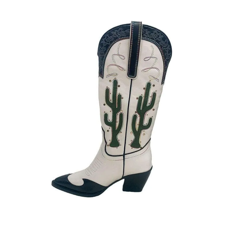 Chic Mid Calf Cowgirl Boots with Cactus Motif and Chunky Heels