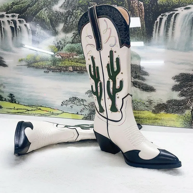 Chic Mid Calf Cowgirl Boots with Cactus Motif and Chunky Heels