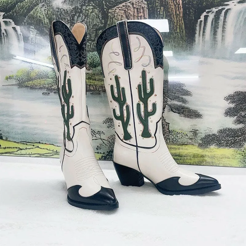 Chic Mid Calf Cowgirl Boots with Cactus Motif and Chunky Heels