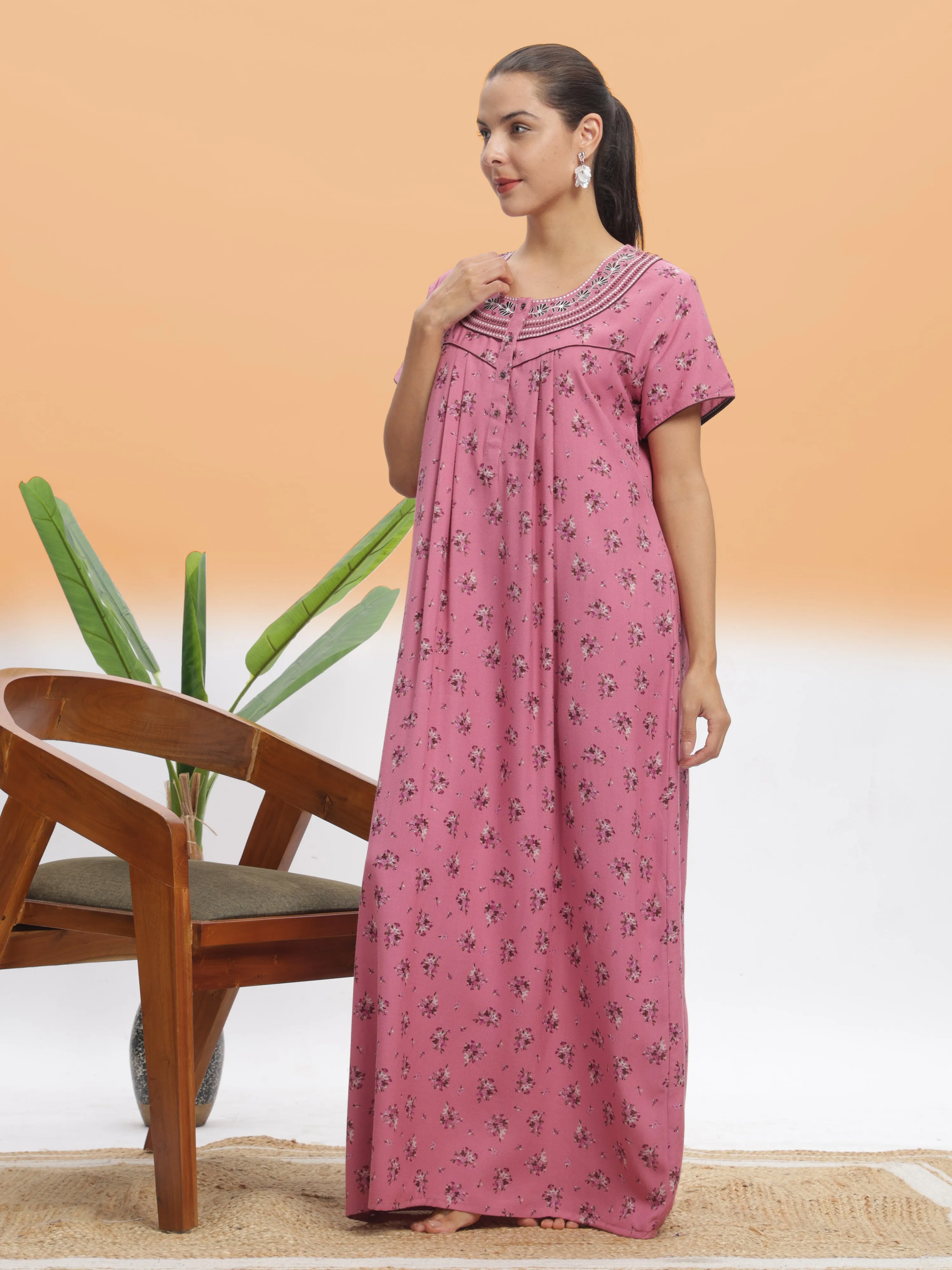 Chic Pink Blossom Alpine Maxi Nighty - Floral Print Designer Nightdress