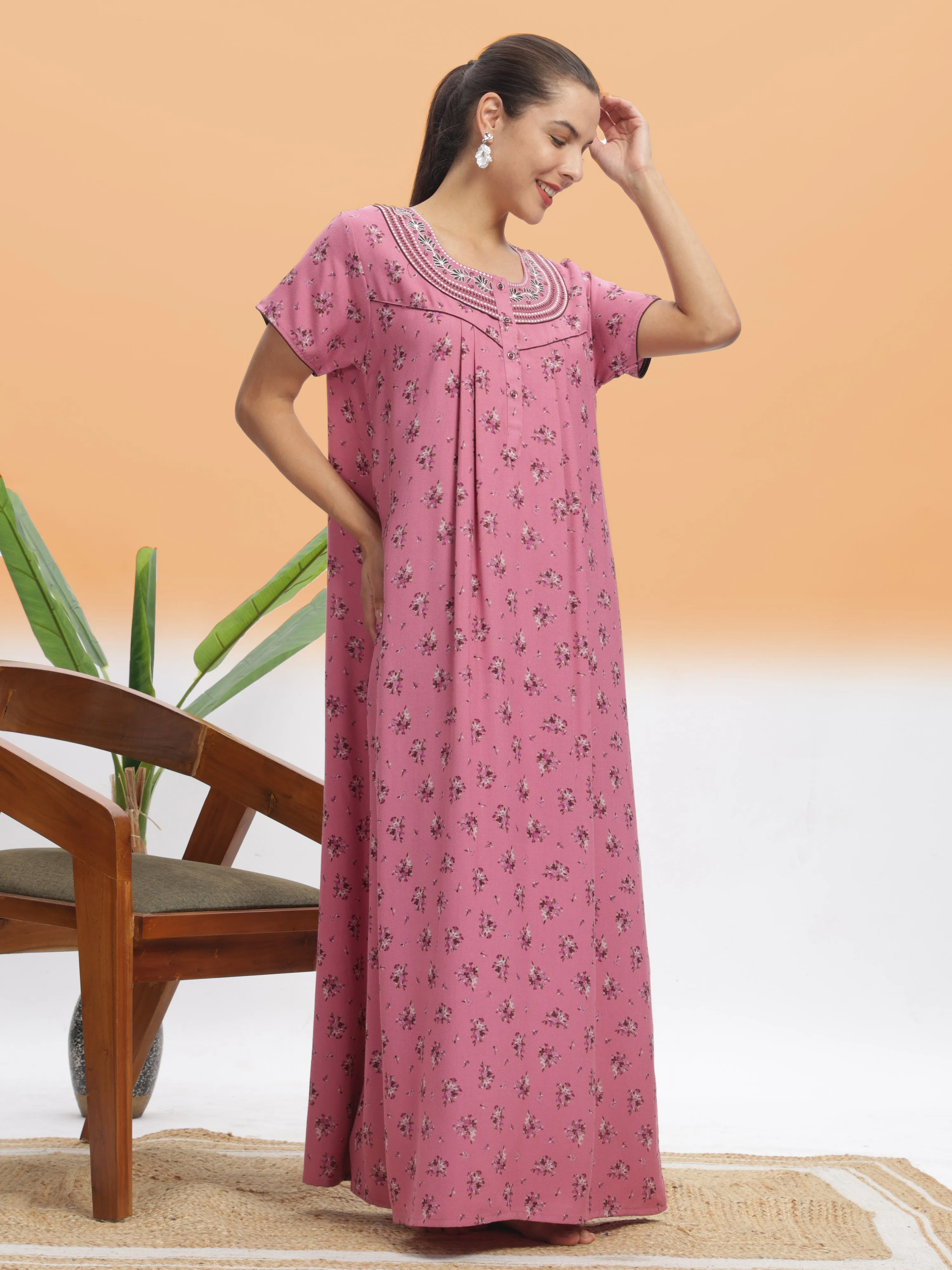 Chic Pink Blossom Alpine Maxi Nighty - Floral Print Designer Nightdress