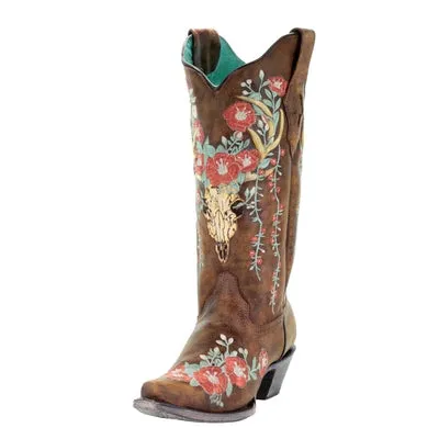 Corral Tan Deer Skull Overlay and Floral Embroidered Boots A3652