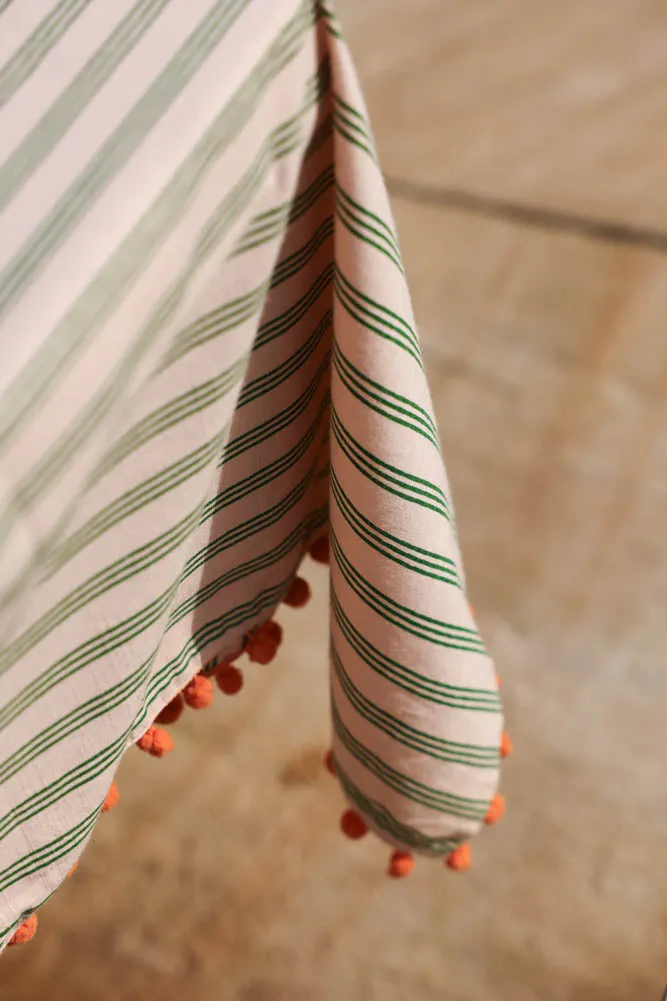 Cotton Green Stripe Table Cloth with Orange Pom-Poms