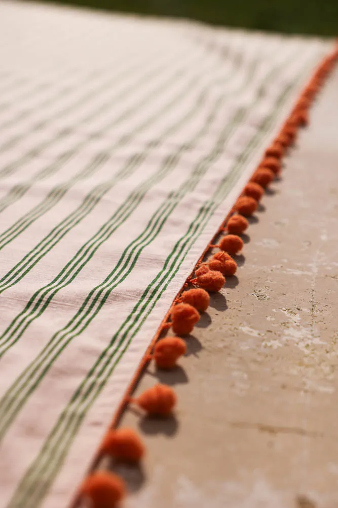 Cotton Green Stripe Table Cloth with Orange Pom-Poms