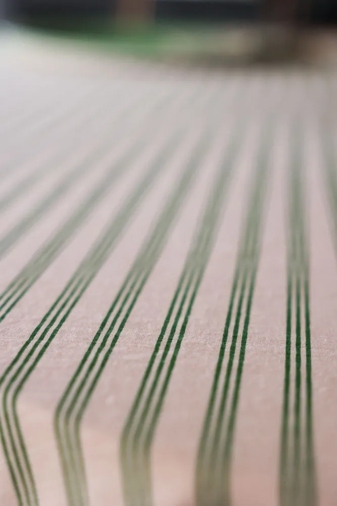 Cotton Green Stripe Table Cloth with Orange Pom-Poms