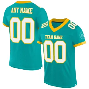 Custom Aqua White-Gold Mesh Authentic Football Jersey