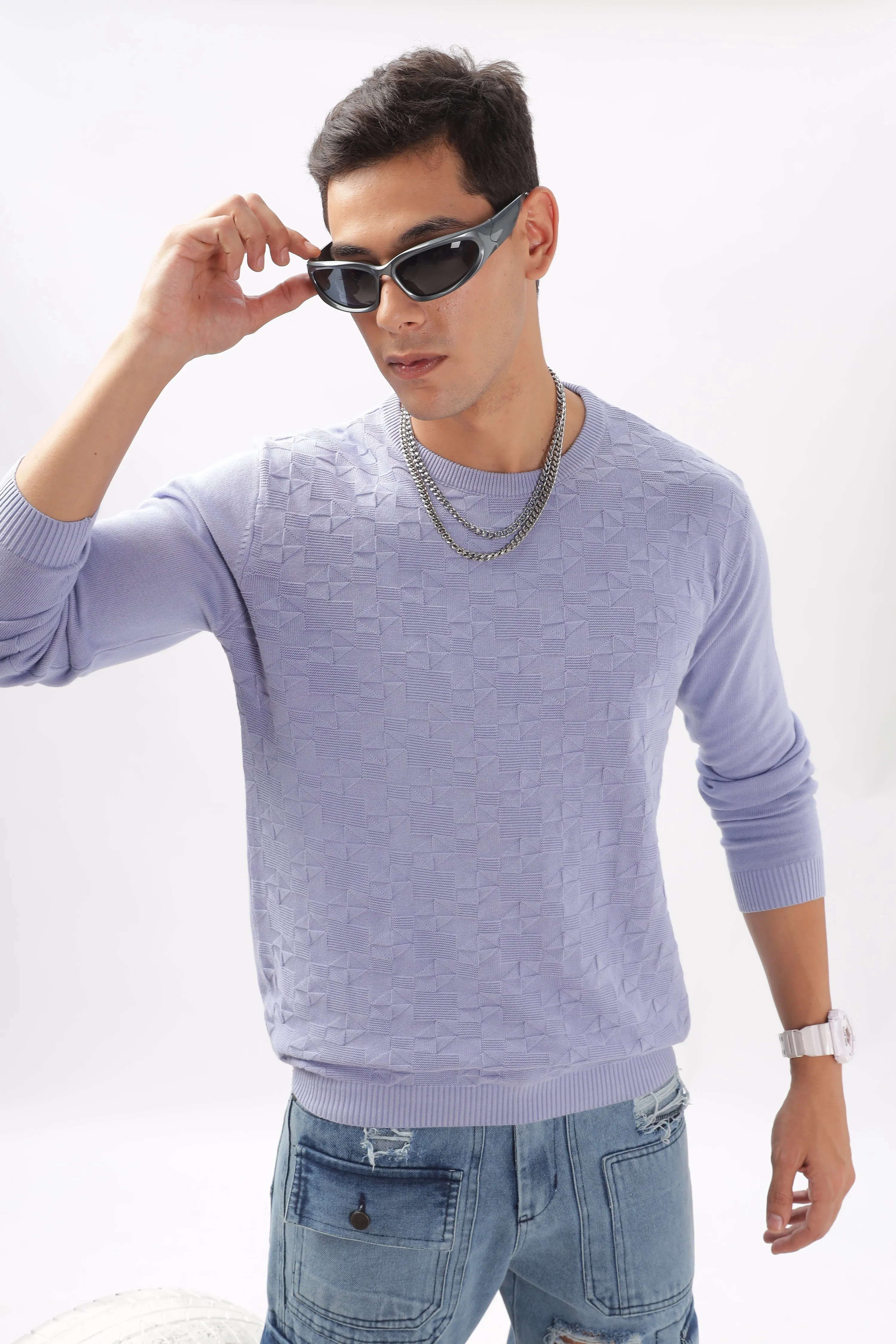 Diamond Knitted Pastle Purple Full-Sleeve T-Shirt