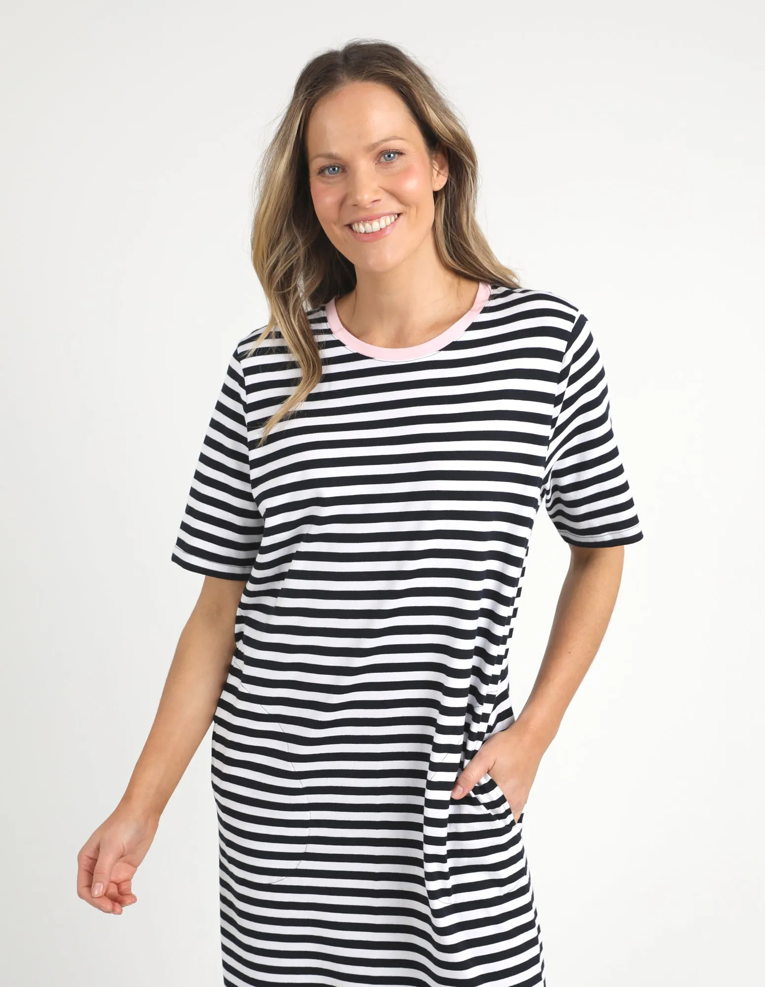 Elm Merry Tee Dress Navy Stripe/Pink Neck Band