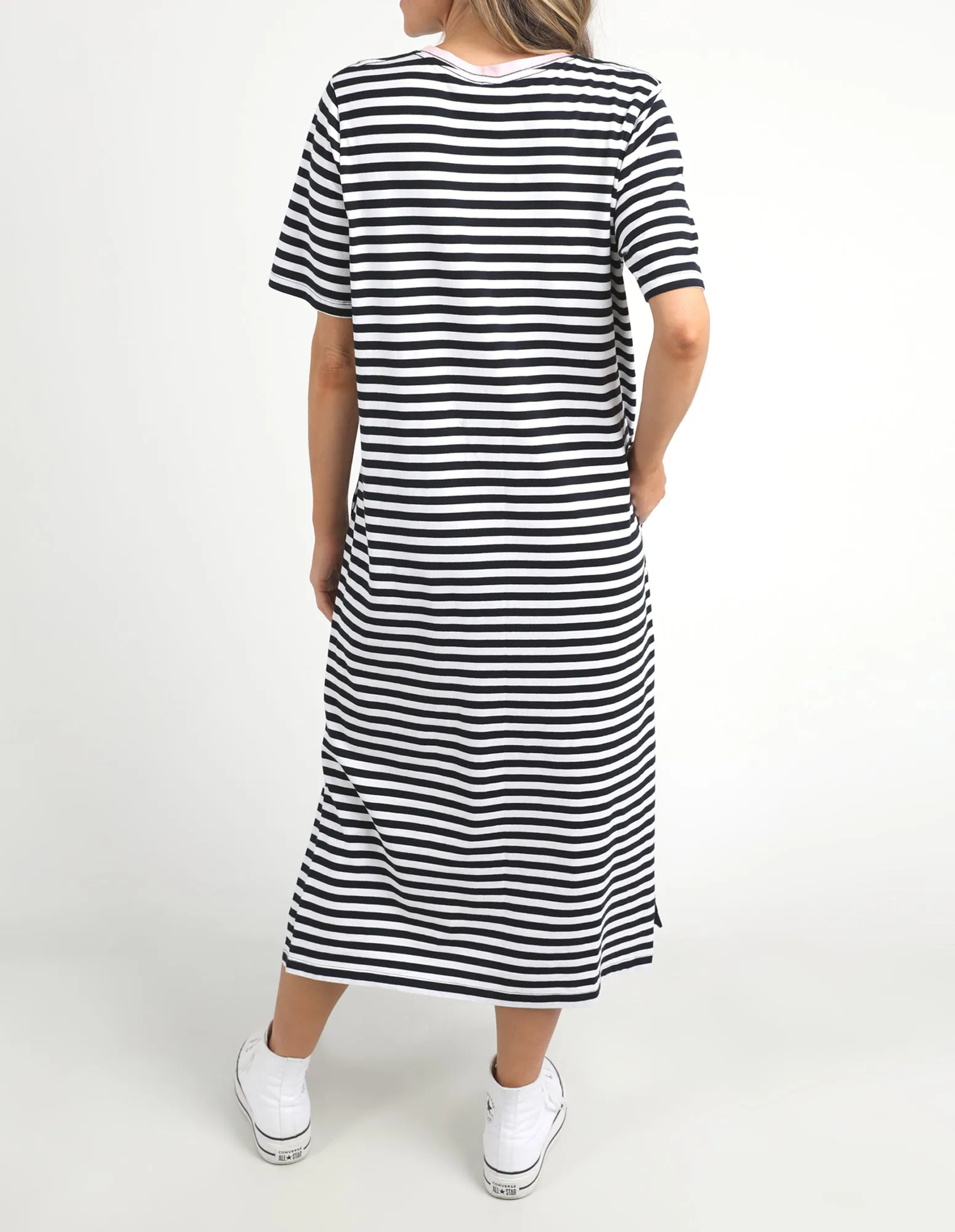 Elm Merry Tee Dress Navy Stripe/Pink Neck Band