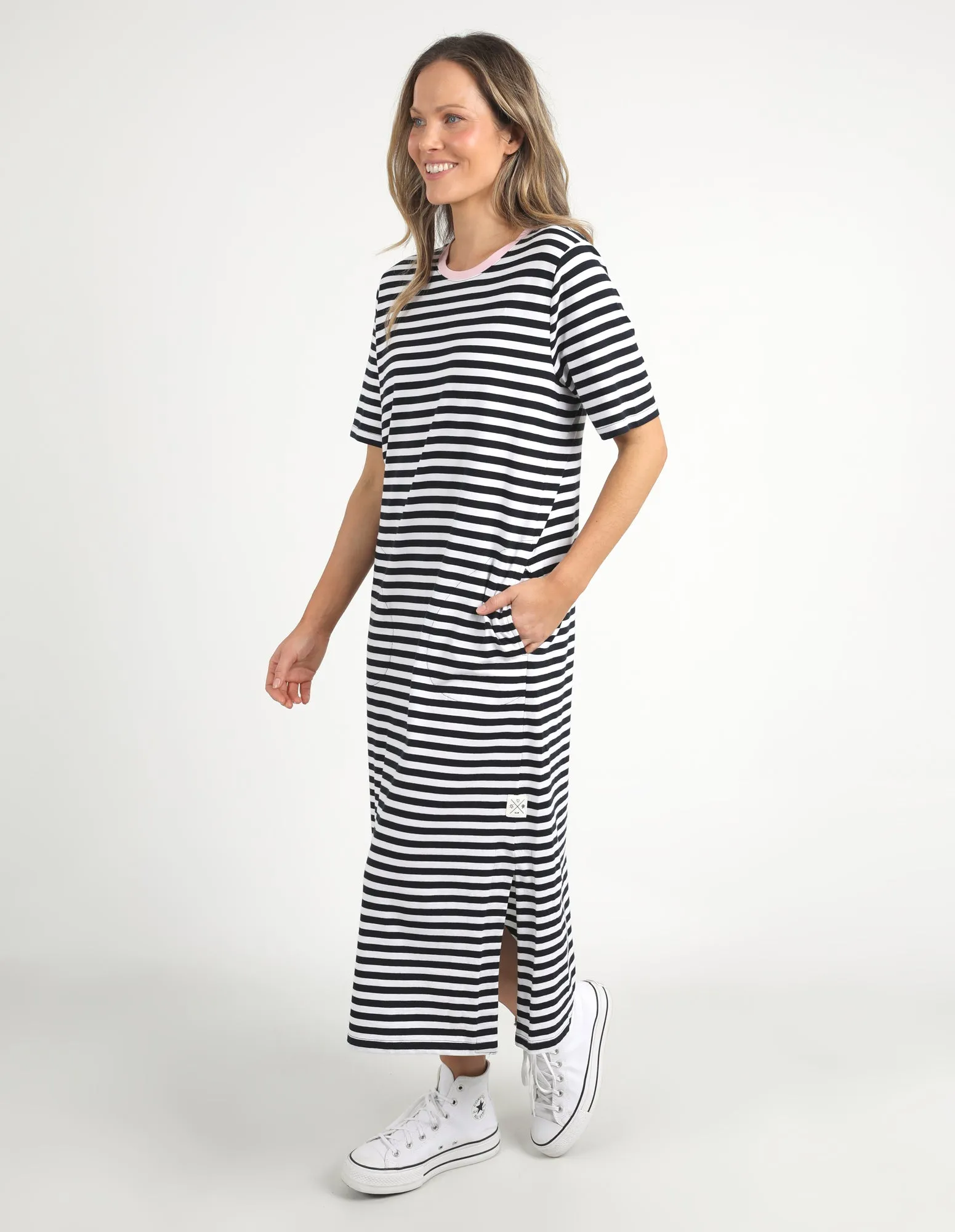 Elm Merry Tee Dress Navy Stripe/Pink Neck Band