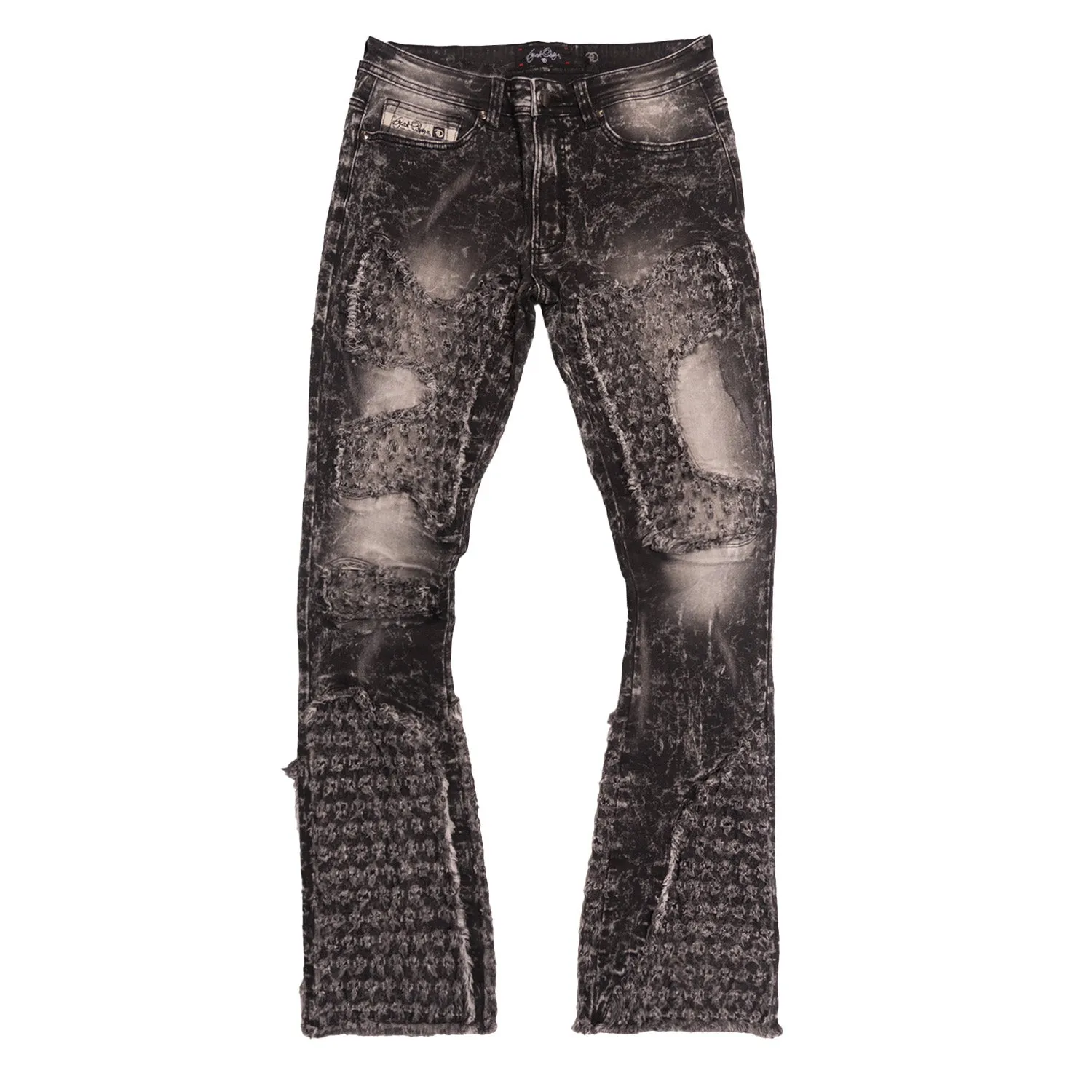 F1723 Tattered Denim Stacked  Jeans - Black