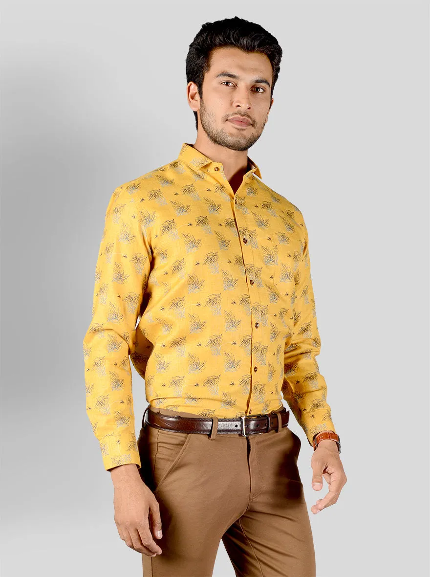 Golden Yellow Printed Slim Fit Party Wear Shirt | Greenfibre