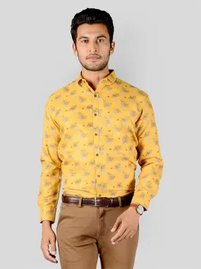 Golden Yellow Printed Slim Fit Party Wear Shirt | Greenfibre