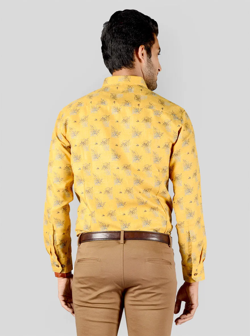 Golden Yellow Printed Slim Fit Party Wear Shirt | Greenfibre