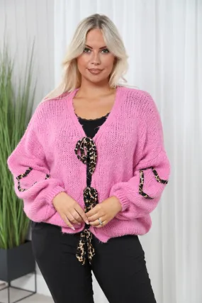 Heart leopard Tie cardigan pink