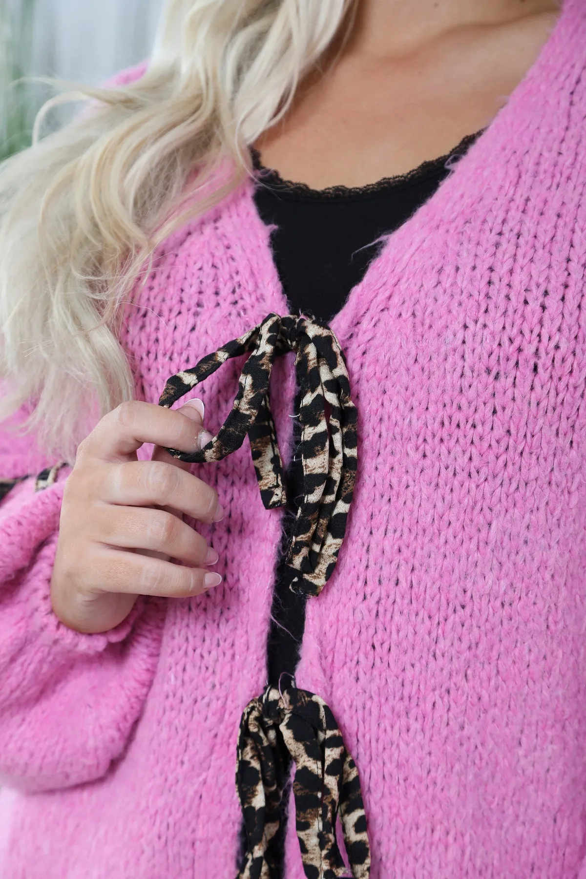 Heart leopard Tie cardigan pink