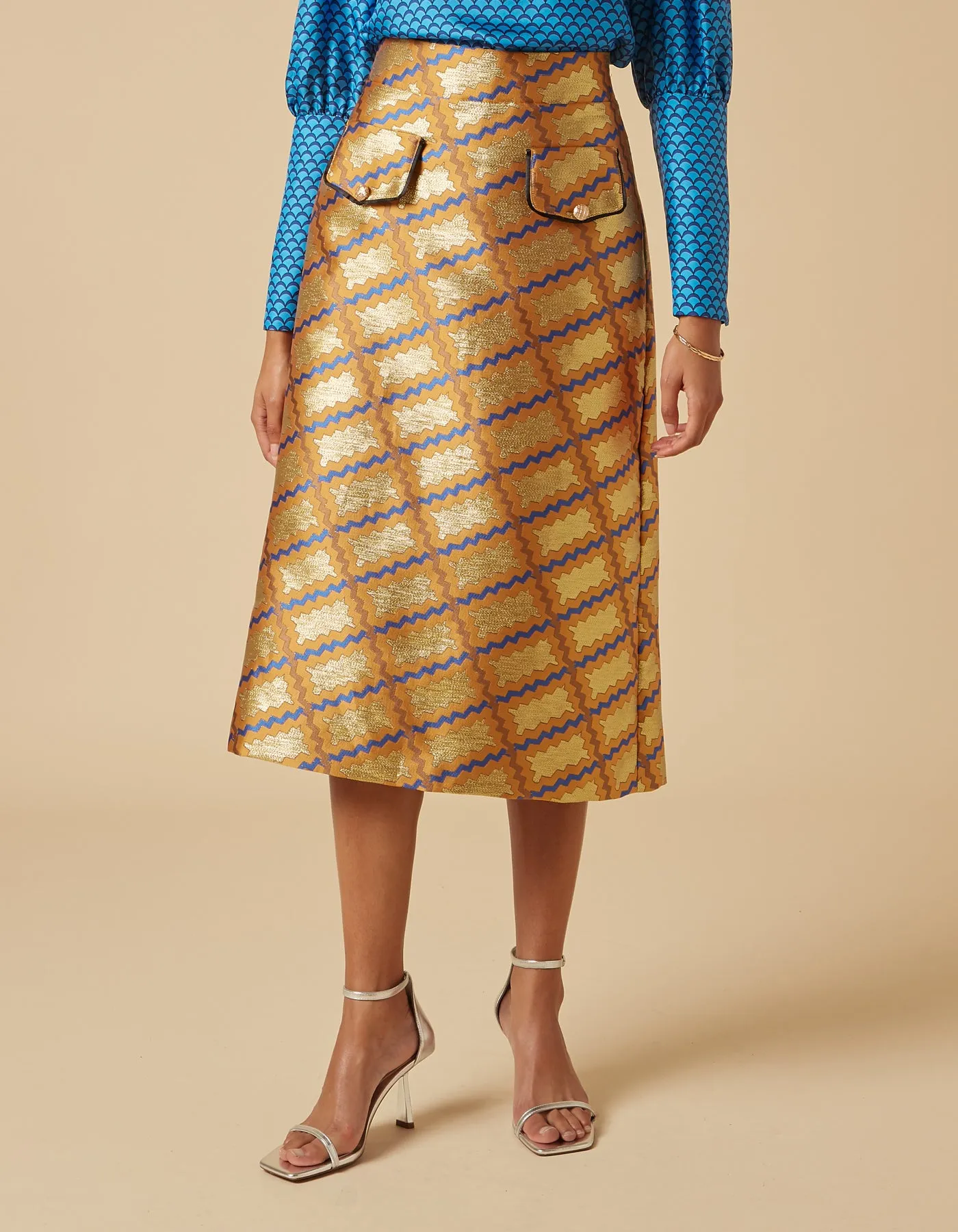 Iona Gold Trench Print Silk Jacquard Midi Skirt