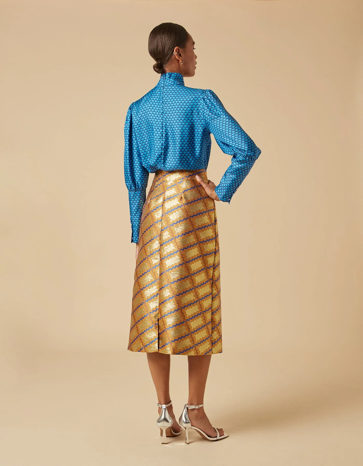 Iona Gold Trench Print Silk Jacquard Midi Skirt