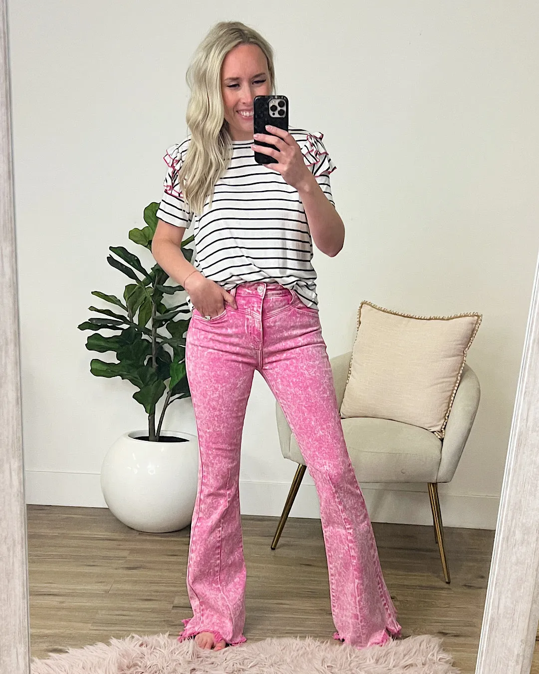 KanCan Shelby Front Seam Flare Jeans - Pink Acid Wash