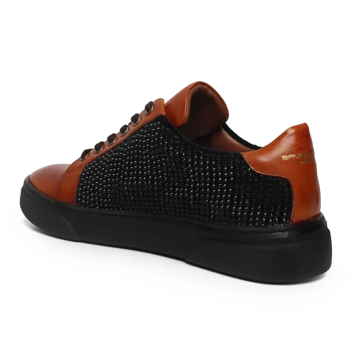 Low Top Sneakers Black Rhinestones Tan Leather by Brune & Bareskin