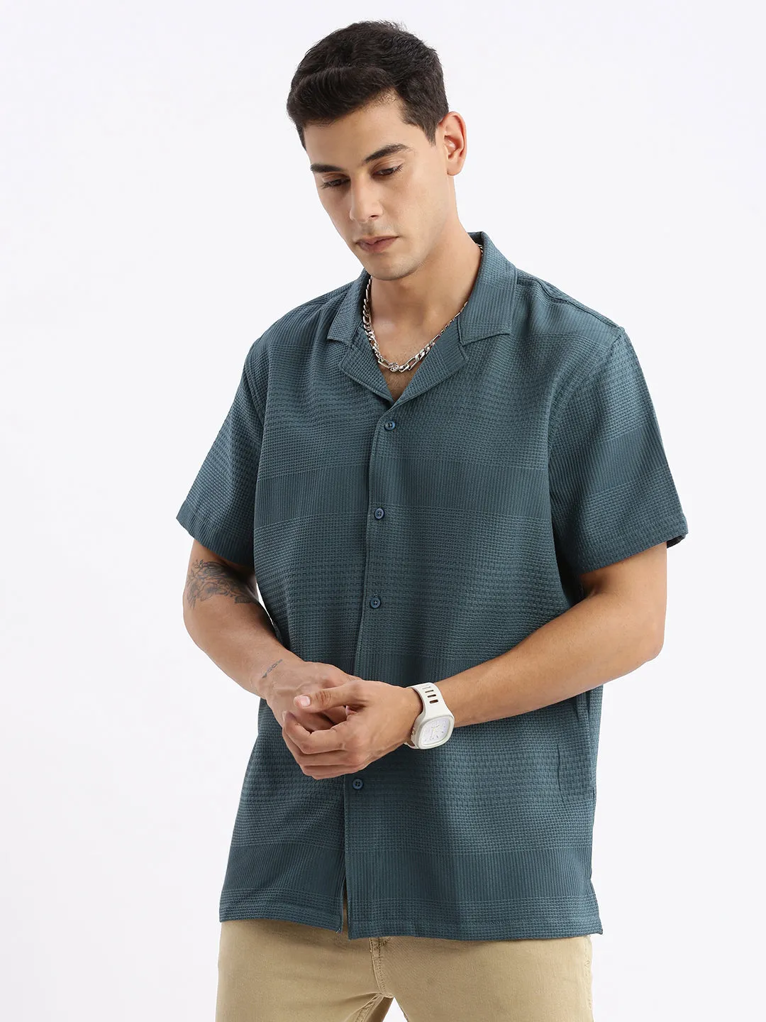 Men Cuban Collar Solid Relaxed Fit Teal Shirt