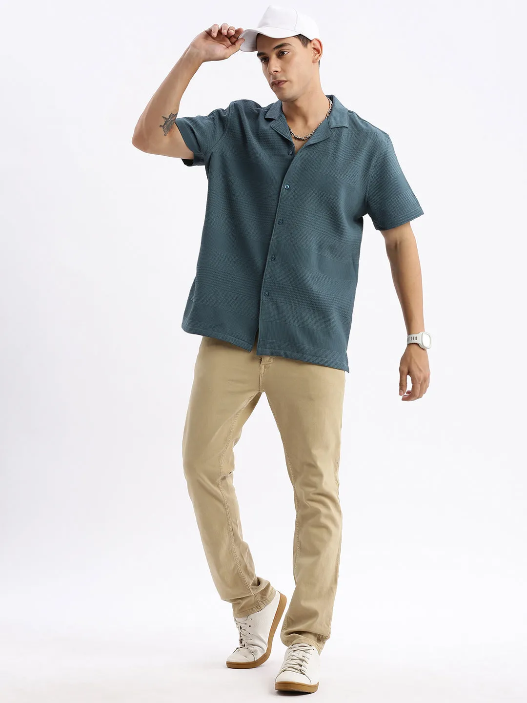 Men Cuban Collar Solid Relaxed Fit Teal Shirt