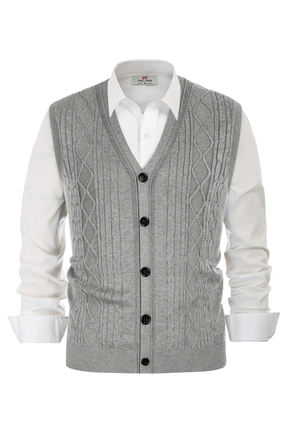 Mens V-Neck Sweater Vest Cable Knitted Button-Up Sleeveless Cardigan Vest