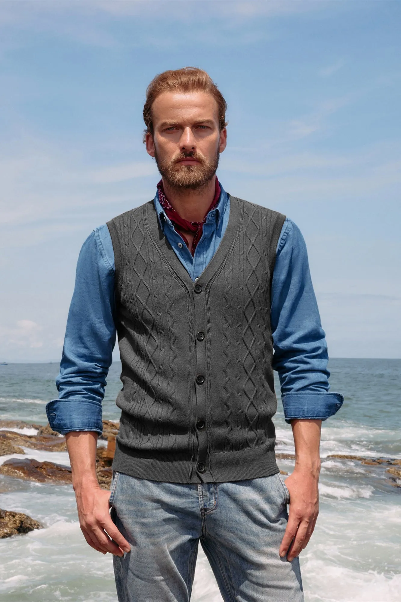 Mens V-Neck Sweater Vest Cable Knitted Button-Up Sleeveless Cardigan Vest