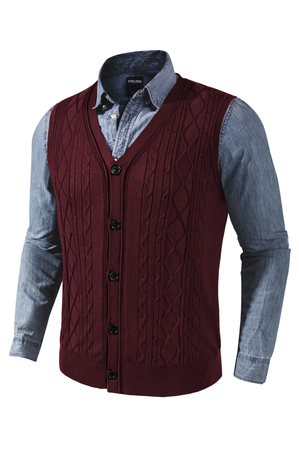 Mens V-Neck Sweater Vest Cable Knitted Button-Up Sleeveless Cardigan Vest