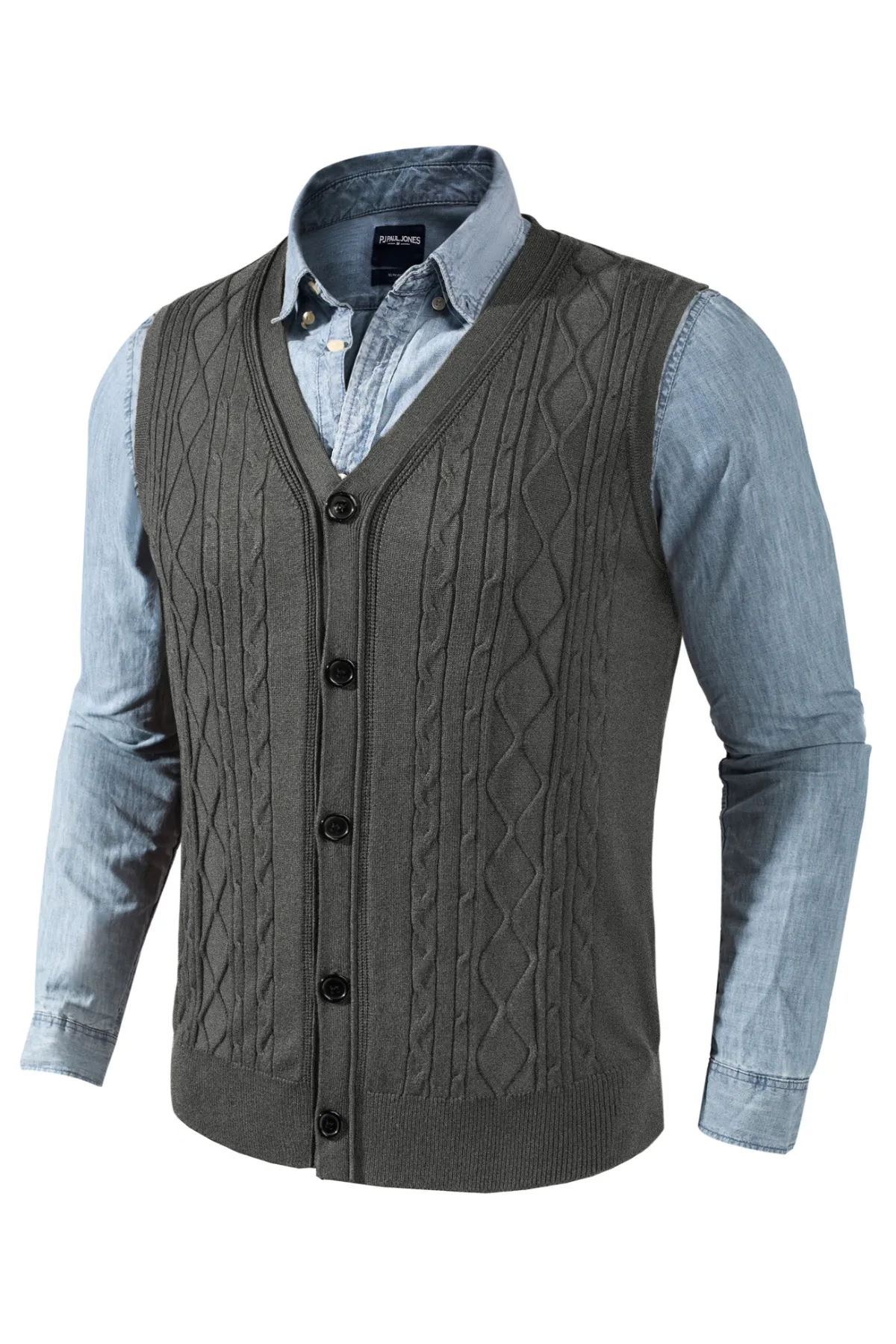 Mens V-Neck Sweater Vest Cable Knitted Button-Up Sleeveless Cardigan Vest