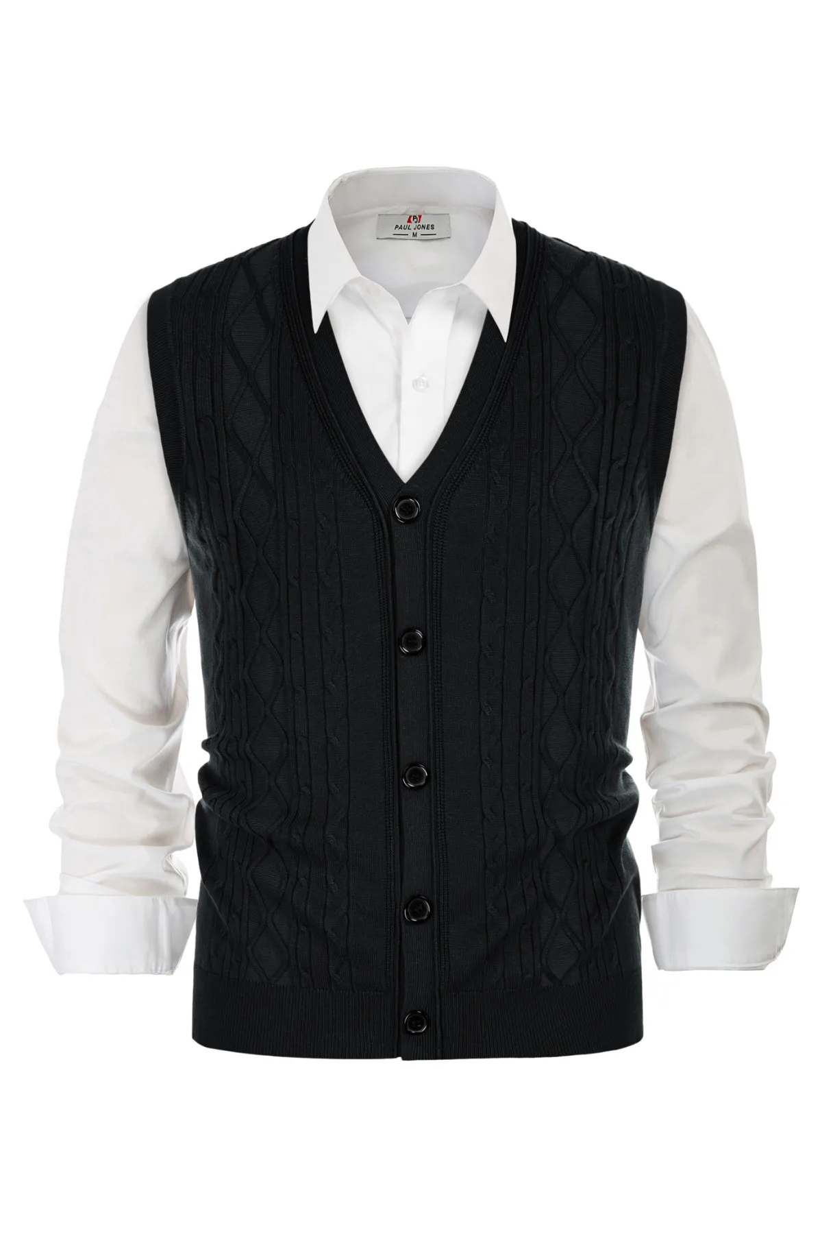 Mens V-Neck Sweater Vest Cable Knitted Button-Up Sleeveless Cardigan Vest