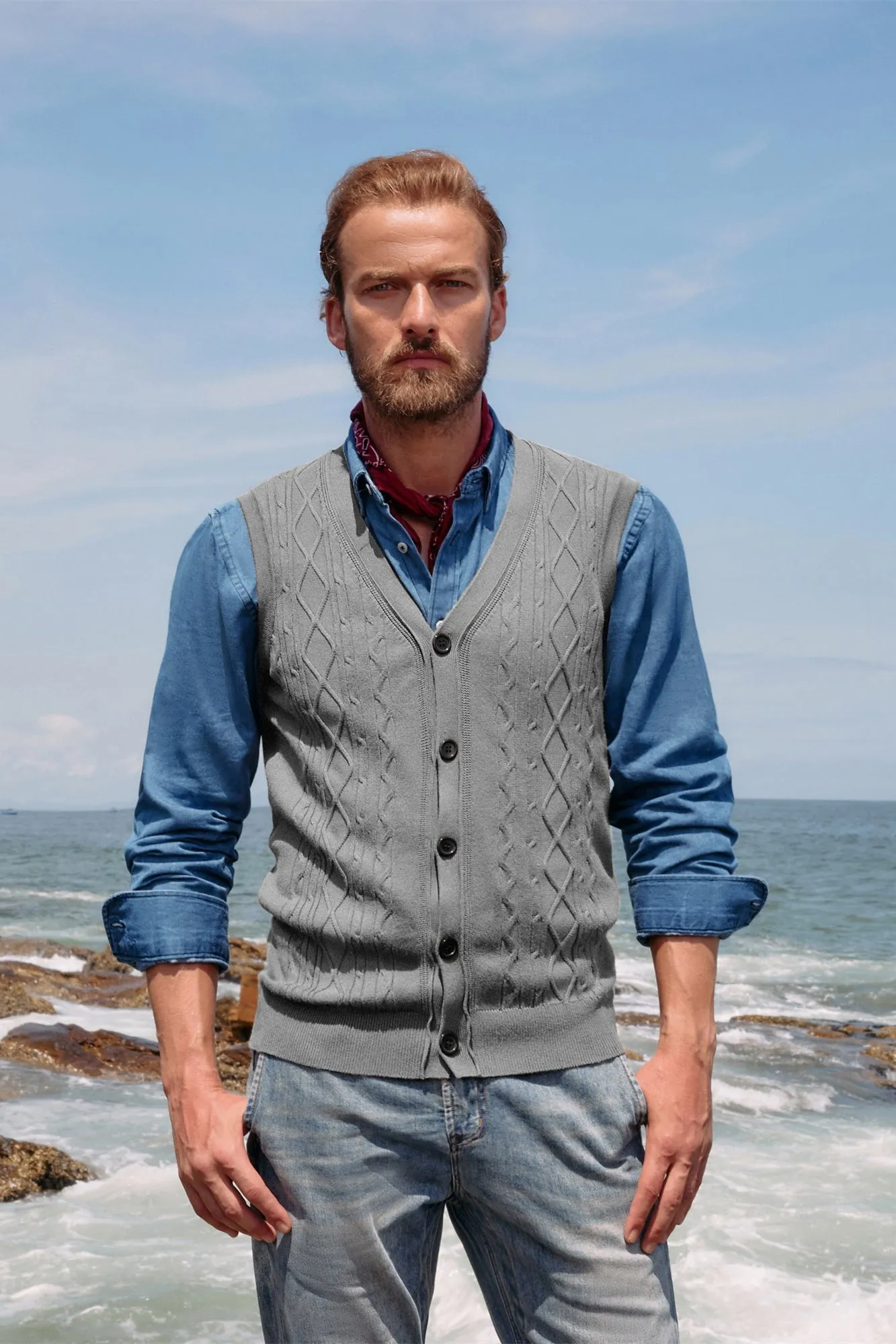 Mens V-Neck Sweater Vest Cable Knitted Button-Up Sleeveless Cardigan Vest