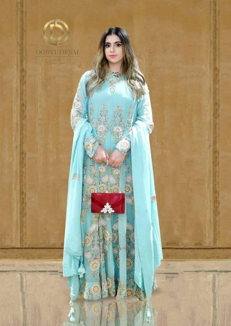 Pastel Blue Anarkali Set with Intricate Threadwork and Dupatta