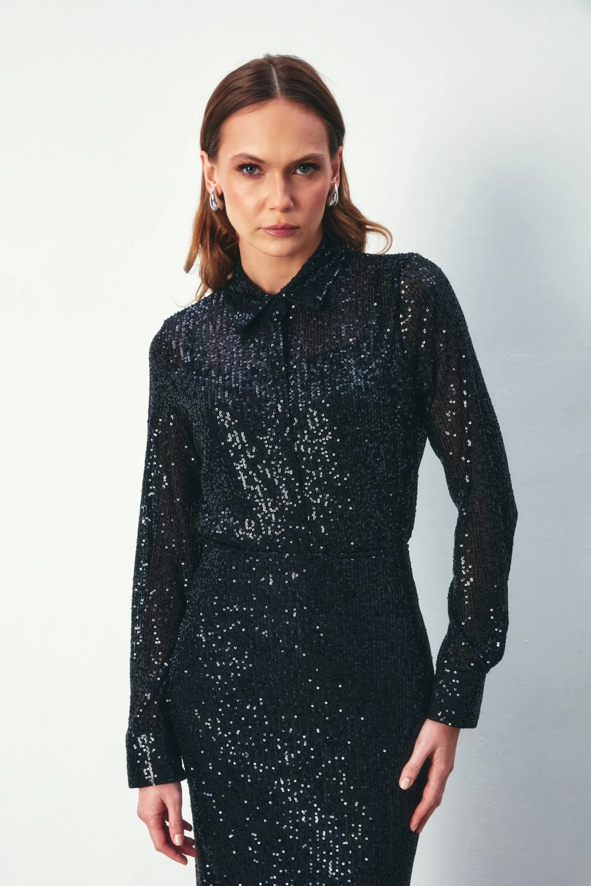 Sequined Casual Shirt - BLACK