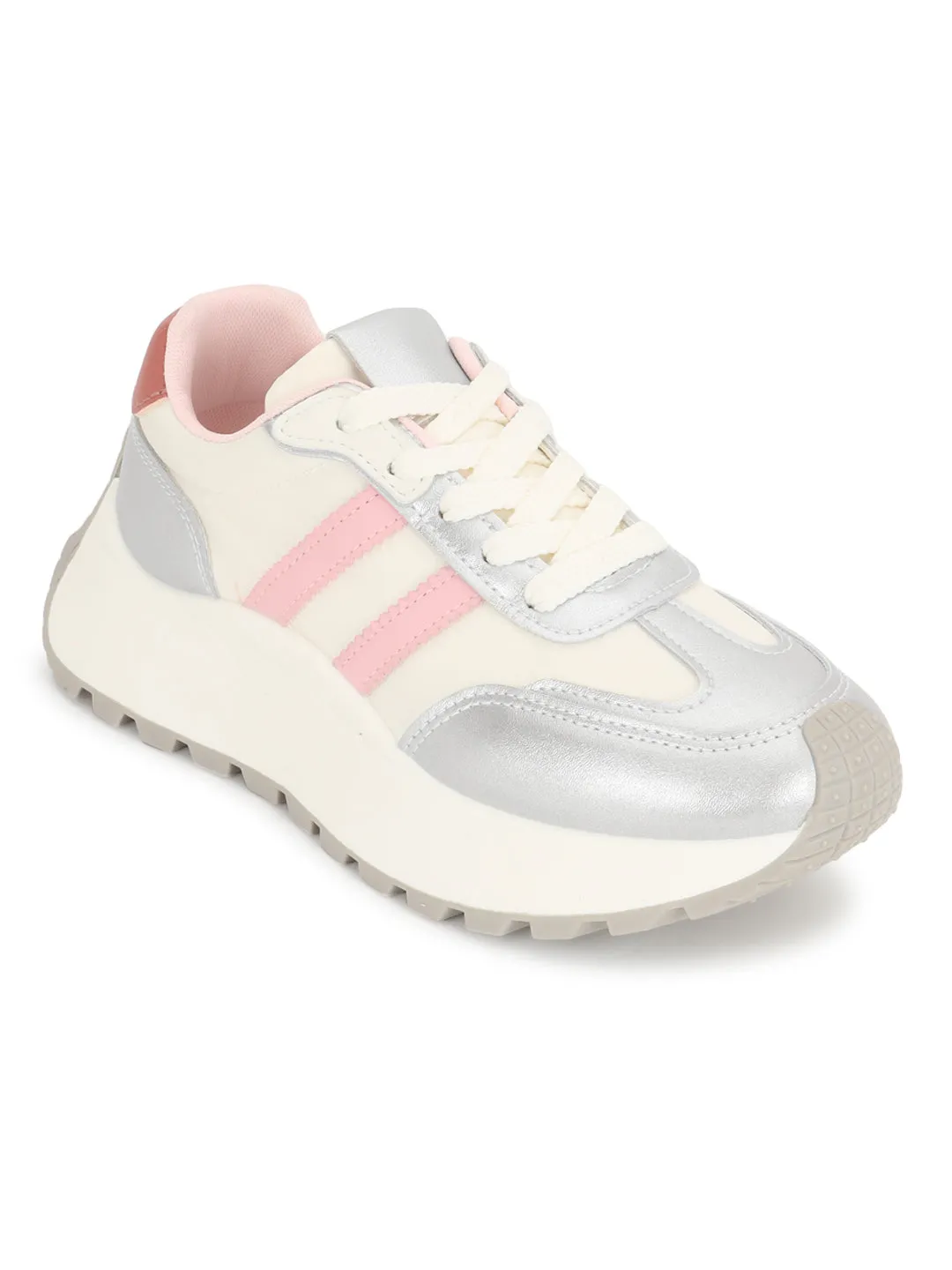 Silver Pink PU Stylish Lace-Up Sneakers (TC-RS3607-SILPNK)