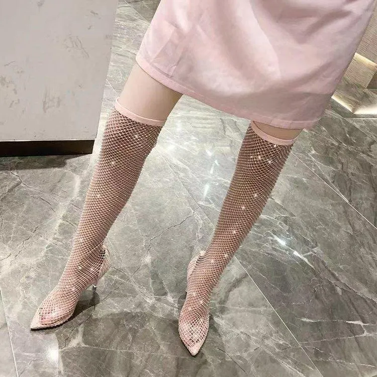 Women fishnet hollow pointed toe stiletto high heel sexy boots