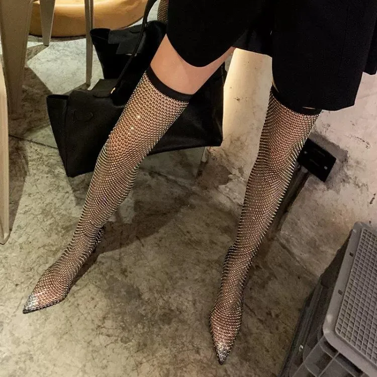 Women fishnet hollow pointed toe stiletto high heel sexy boots