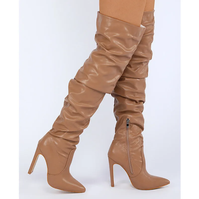 Women over the knee fashion side zipper chunky heel pointed toe slouch boots