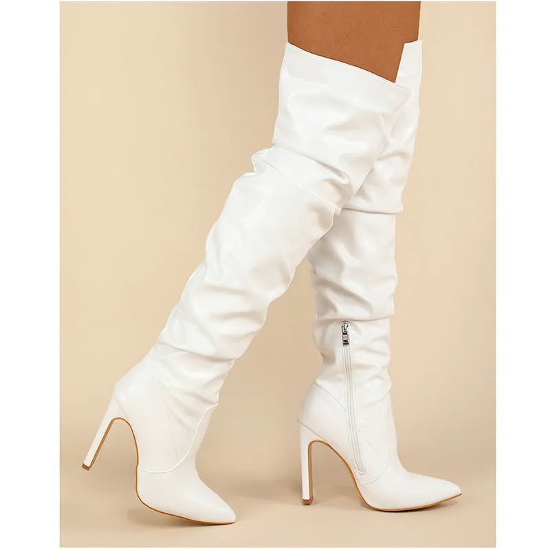 Women over the knee fashion side zipper chunky heel pointed toe slouch boots