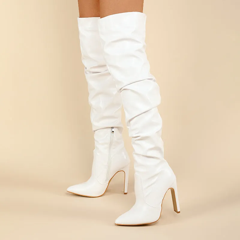 Women over the knee fashion side zipper chunky heel pointed toe slouch boots