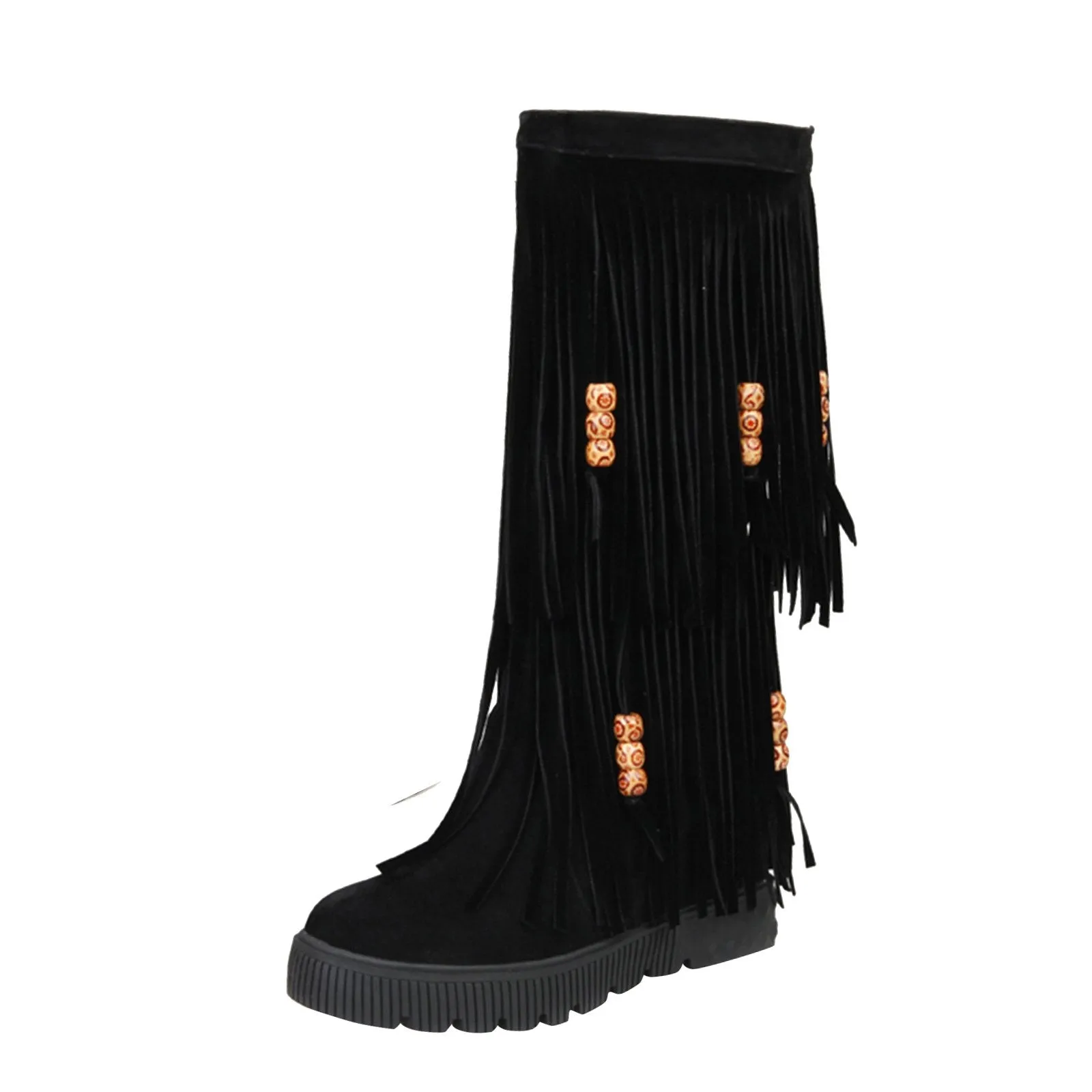 Women winter knee high flat slip on fringe boots