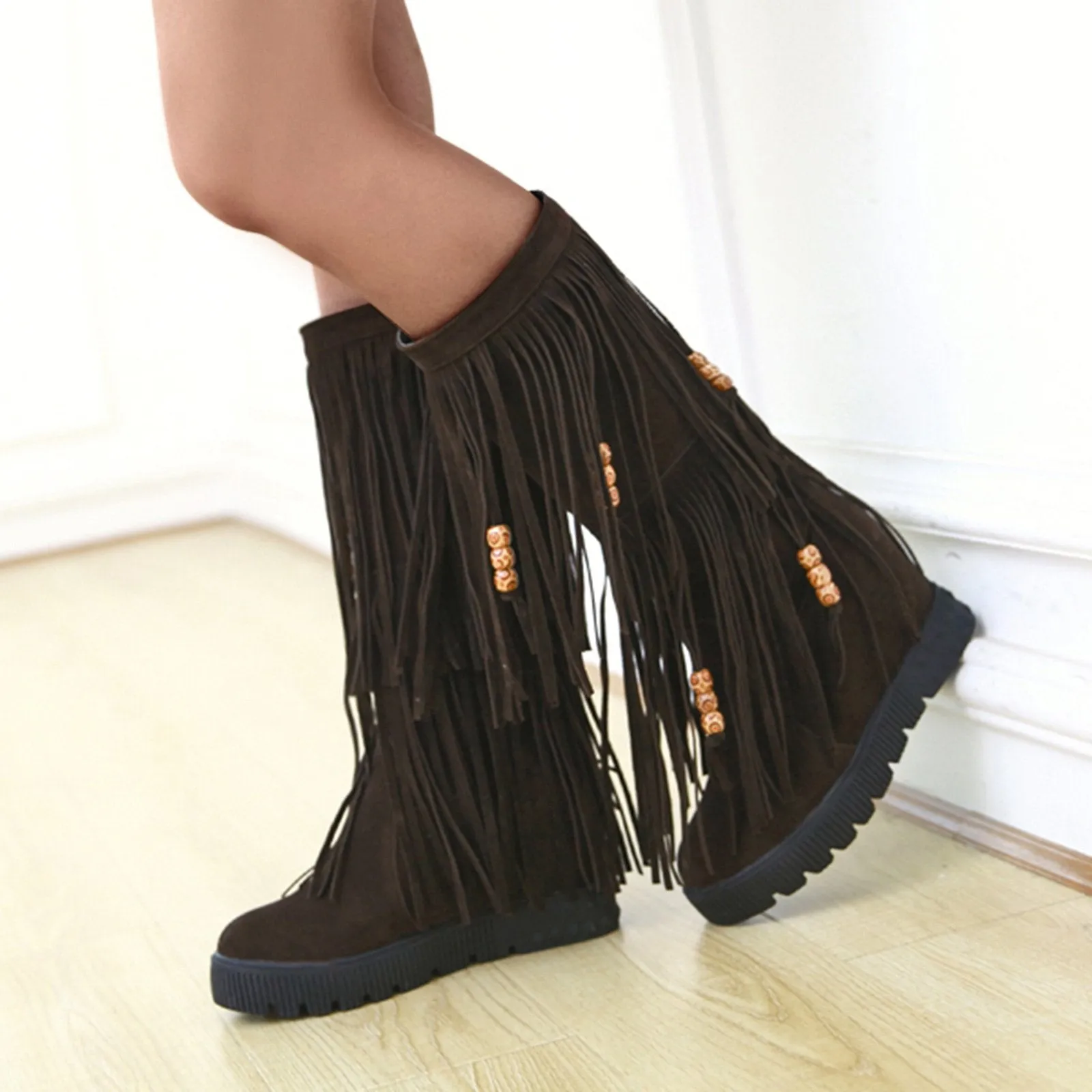 Women winter knee high flat slip on fringe boots